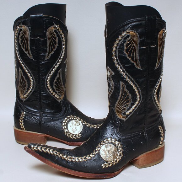 El General 1901 Mens Sz 8.5 Ostrich Embossed Black Leather Cowboy Western Boots - Picture 1 of 11